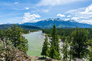 Scenic Overlook at Old Fort Point Jasper National Park, Alberta, Canada. Whistlers Peak Mountain in the background.