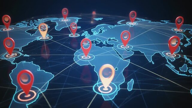 Global network of connected locations shown on a digital world map with glowing pins and connecting lines, symbolizing distribution and reach