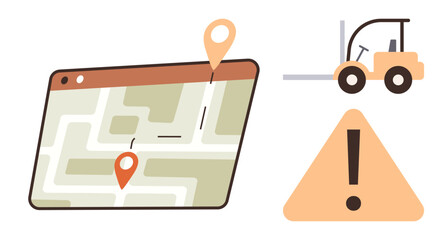 Logistics, warehouse management, safety protocols, industrial navigation, route planning, occupational safety. Map with route markers, forklift and warning symbol. Logistics and warehouse management