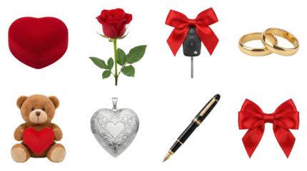 Romantic Love Celebration Set Featuring Red Rose Heart Box Car Key Rings Locket and Teddy Bear Isolated Objects