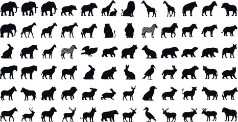 Large collection of wild animal silhouettes including elephants lions giraffes bears and birds isolated on white background for nature design projects © BIPUL