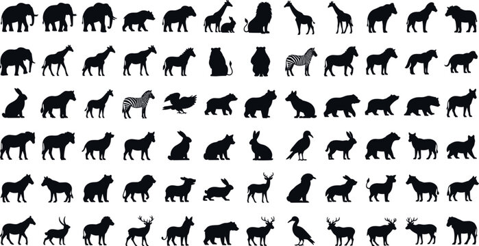 Large collection of wild animal silhouettes including elephants lions giraffes bears and birds isolated on white background for nature design projects