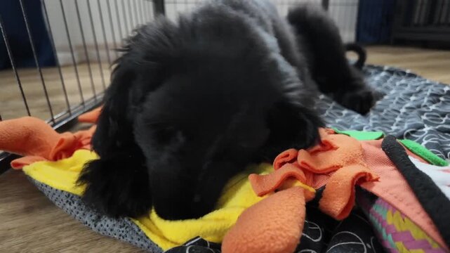 Happy Afghan hound puppy chews soft toy inside pet cage with playful curiosity