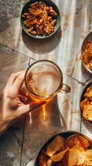 Outdoor Beer Party Snacks Alcohol Glass Hand Holding, Tile Background Top View