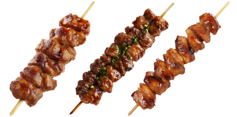 Grilled chicken yakitori skewer with teriyaki glaze or Isaw Filipino street food isolated on white transparent background