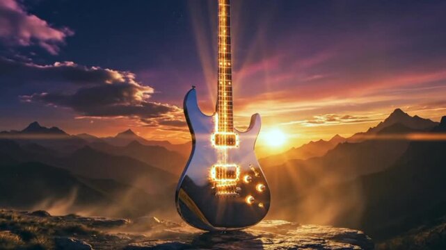 Glowing Electric Guitar on Mountain Cliff at Sunset &ndash; Cinematic Progressive Rock Loop