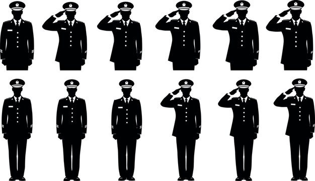 Set of silhouette military officers in formal uniform standing at attention and performing hand salute gesture isolated on white background