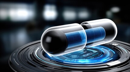 Digital capsule design with futuristic elements displayed on a technology platform in a modern setting