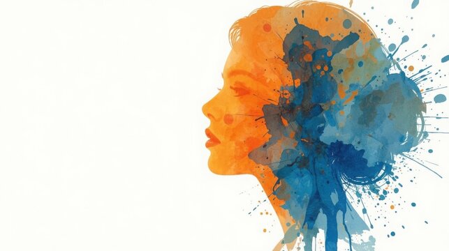 Vibrant watercolor silhouette of a woman's head with blue and orange hues on white background