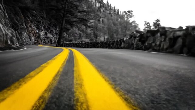 Winding road with yellow lines through rocky mountain landscape