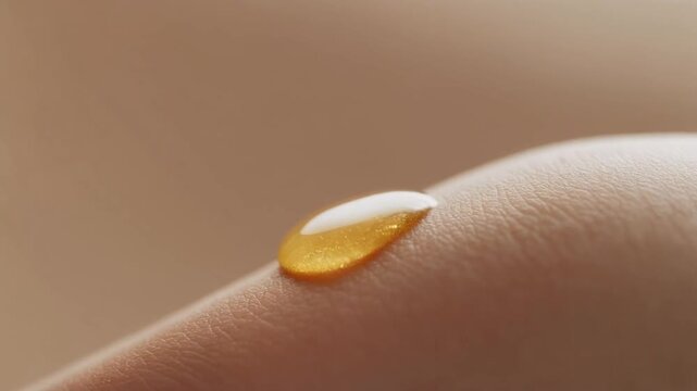 Macro close-up of a golden drop of cosmetic oil or serum resting on smooth human skin, symbolizing hydration, beauty, and wellness.