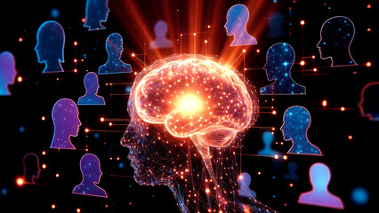 Glowing Human Brain Hologram with Digital Neural Network and Collective Intelligence Profile Silhouettes.
