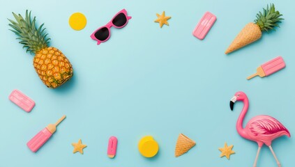 Colorful Summer Vacation Flat Lay on Blue Background with Pineapple, Flamingo, Sunglasses, and Ice Cream Popsicles