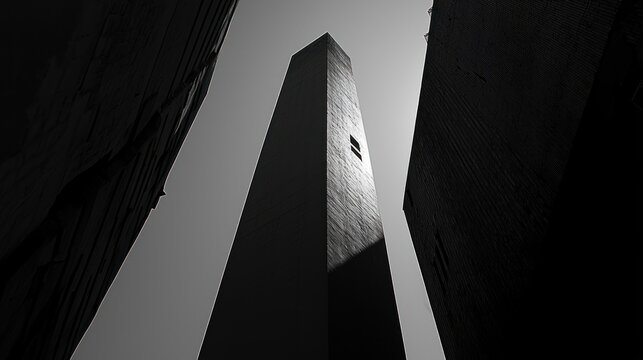 Striking low-angle black and white view of a towering, slender skyscraper reaching dramatically towards the sky. - Powered by Adobe