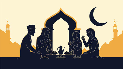 Silhouette of a Muslim family breaking their fast together during Ramadan with a crescent moon and mosque skyline.