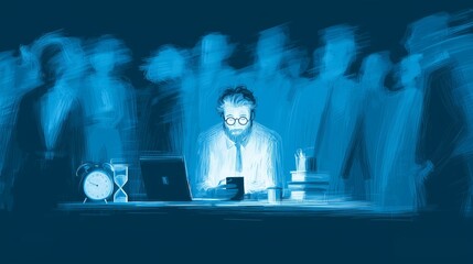 Man Isolated in Crowded Room Looking at Smartphone, Abstract Digital Illustration of Loneliness, Social Anxiety and Digital Distraction
