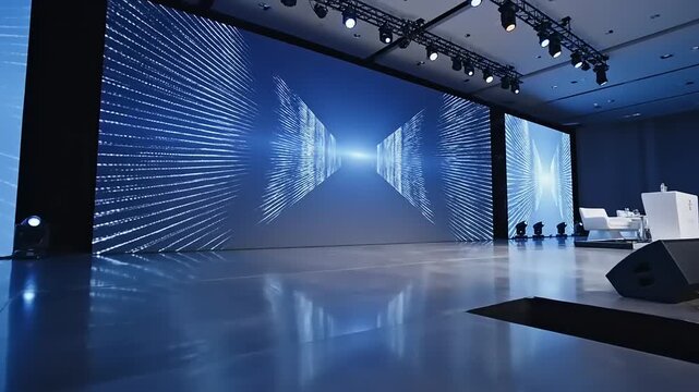 Modern stage setup with large screen projection and bright lights