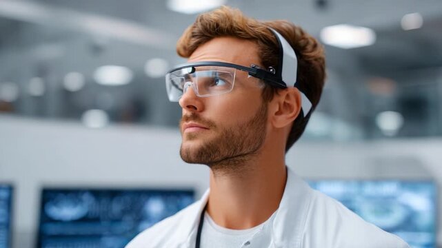 Focused Researcher Using Advanced Augmented Reality Glasses in a Modern Laboratory Setting with High-Tech Displays and Engaging Visual Data Insights