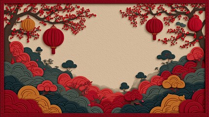 3D Layered Paper Cut Lunar New Year Background with Red Lanterns, Cherry Blossoms and Mountains, Oriental Festival Frame Border