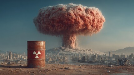 Nuclear explosion mushroom cloud over destroyed city with radioactive barrel foreground, war and apocalypse concept