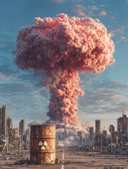Nuclear Explosion Mushroom Cloud Over Ruined City with Radiation Barrel, Post-Apocalyptic War and Destruction Concept