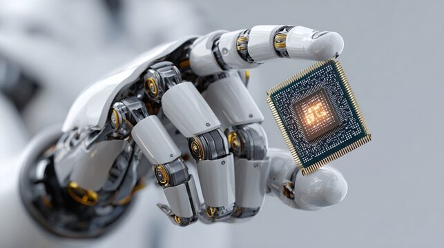 Robot hand holding a microchip with glowing artificial intelligence symbol