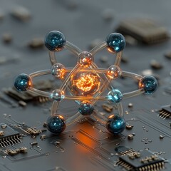 Quantum computing concept with 3D atom model glowing on electronic circuit board, futuristic technology and atomic physics illustration