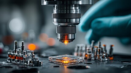 Close-up of high precision laser etching on microchip in laboratory, advanced semiconductor manufacturing and nanotechnology concept