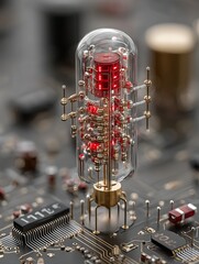 Futuristic quantum computing component in glass tube with glowing red lights on circuit board, advanced science and technology concept