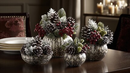 Winter Pinecone and Berry Decorations on Table