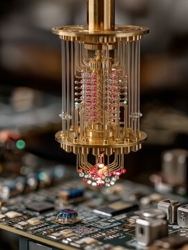 Golden quantum computing dilution refrigerator with glowing nodes on circuit board, advanced futuristic technology and science concept