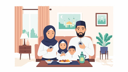 A Muslim family eats together on a couch in a living room.