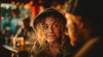 Young beautiful woman in beanie looking at partner in cozy cafe with warm bokeh lights. Concept of romantic connection and intimacy.