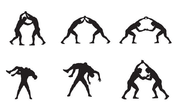 Six silhouettes of wrestlers in grappling and lifting poses in black and white vector art