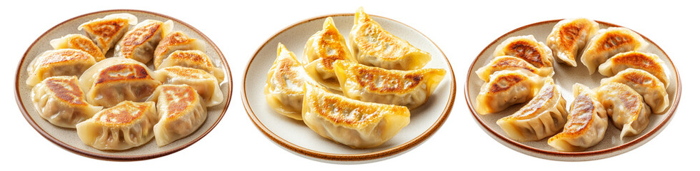 Golden pan-fried Japanese gyoza dumplings served on plate, isolated on white background, concept of Asian cuisine