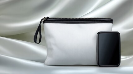 Small white pouch sits next to a black smartphone on a soft fabric surface, showing items prepared for daily use or travel