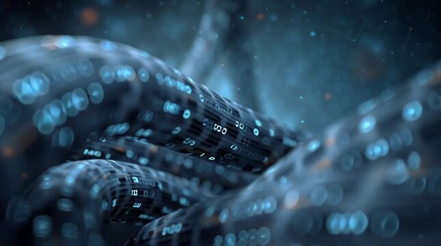 Abstract digital blockchain network with binary code and data flow