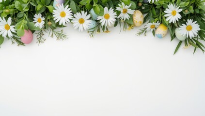 Top View of Spring Floral Border with White Daisies and Speckled Easter Eggs for Seasonal Greeting Card Background