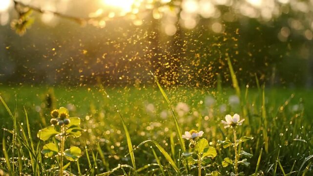 Subtle Natural Movement Slow-motion capture of the gentle, almost imperceptible movement of pollen currents carried by a light breeze through a serene environment.