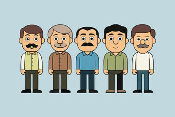 Five Cartoon Men with Mustaches in Flat Style