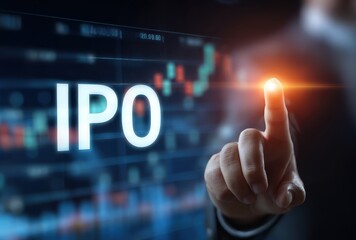 Businessman Hand Touching Digital IPO Screen with Stock Market Data and Candlestick Charts