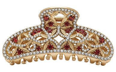 Luxury gold hair claw clip adorned with diamonds and red gemstones isolated on a transparent background