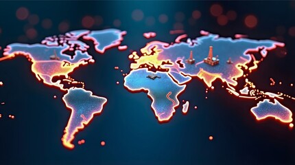 Stylized Digital World Map with Glowing Red Continental Outlines and Miniature Oil Rigs on Key Regions, Representing Global Energy Extraction, Resource Distribution, and Geopolitical Infrastructure
