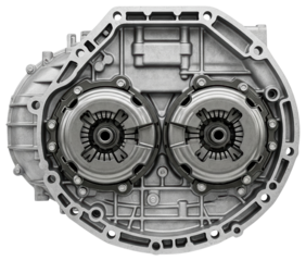 Detailed aluminum dual clutch transmission gearbox mechanism inside isolated on a transparent background