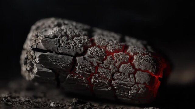Close up Macro Shot of a Glowing Red Hot Charcoal Briquette with Cracked Black Surface Emitting Soft Smoke Against a Dark Black Background