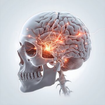 Human Skull Cross Section with Glowing Neural Thought Signals