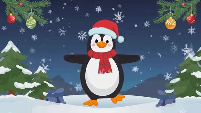 Cute Christmas Penguin in Santa Hat Walking on Snow. Holiday Winter Animation Loop Background.