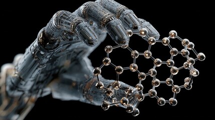 Robotic hand holds atomic structure molecule