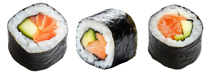 Sushi roll Maki with salmon, avocado, cucumber and rice wrapped in seaweed, isolated on white transparent background