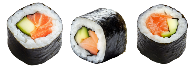 Sushi roll Maki with salmon, avocado, cucumber and rice wrapped in seaweed, isolated on white transparent background